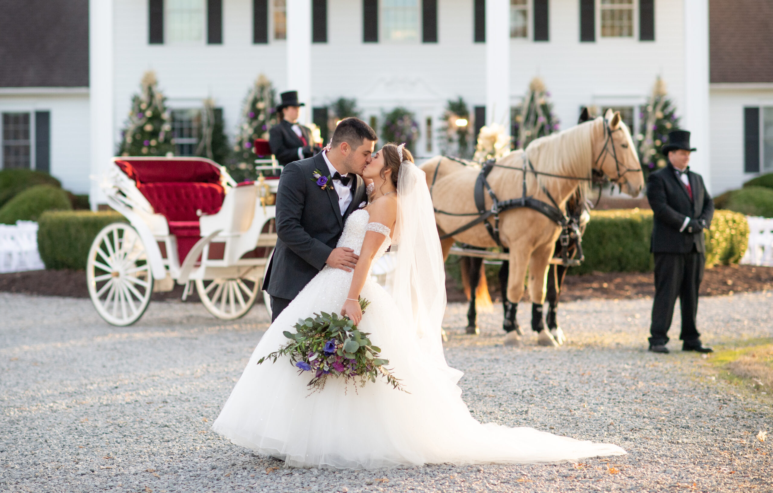 Bride and Groom kiss in front of horse drawn carriage in Gates County, NC.