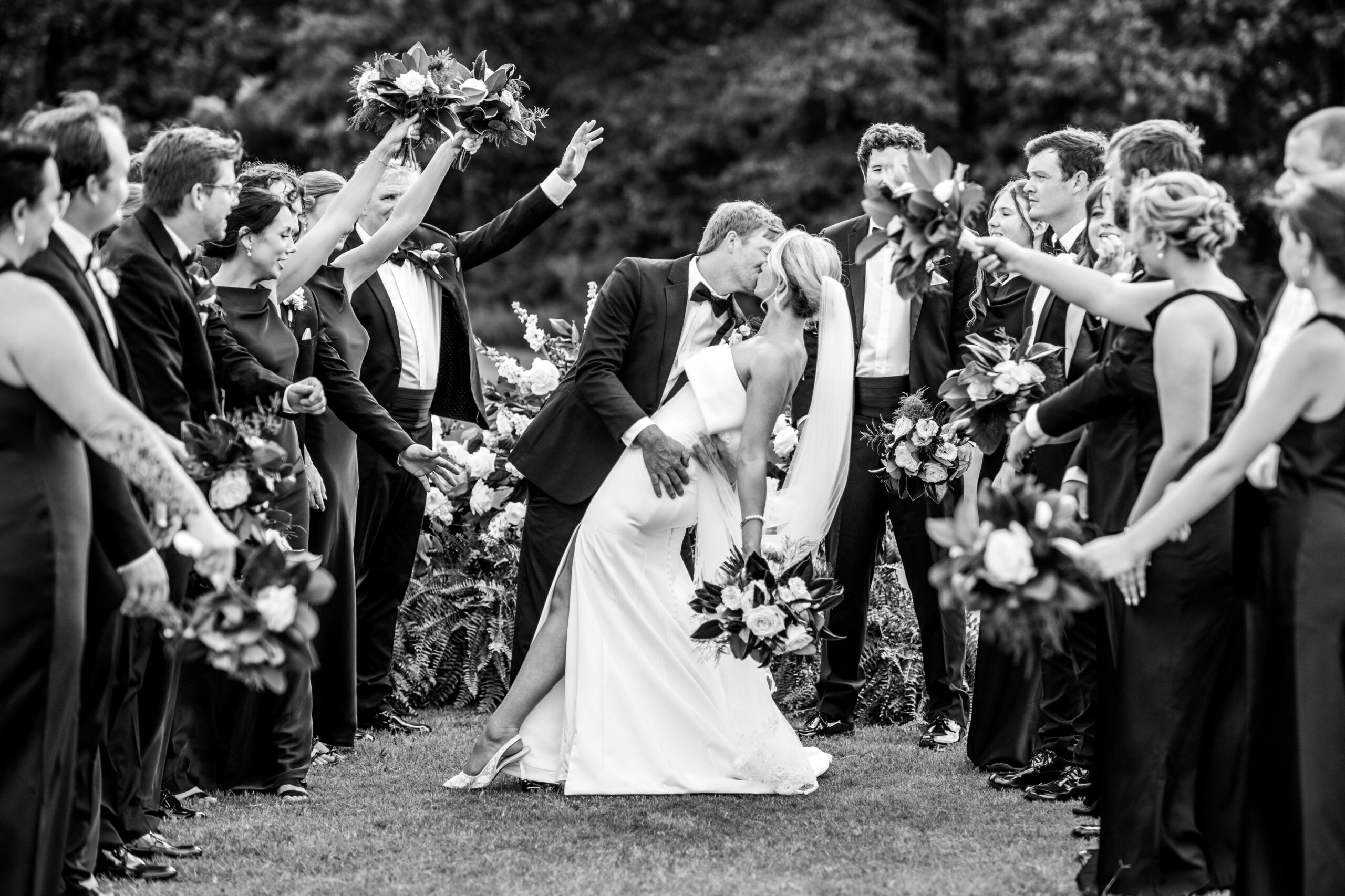 Bride and Groom dip kiss